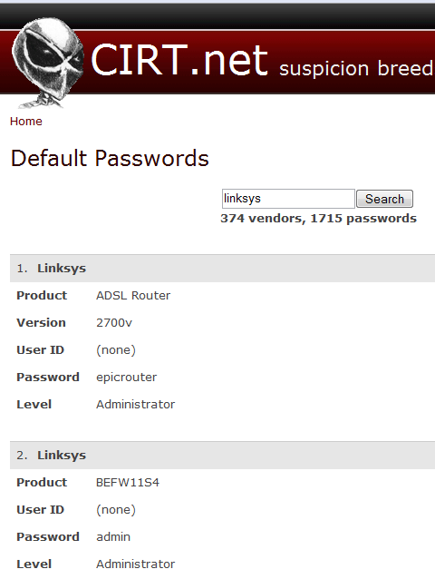 default password for linksys router